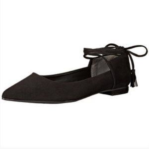New Guess | Black Vida Faux Suede Ankle Tie Pointed Toe Flats, 7.5